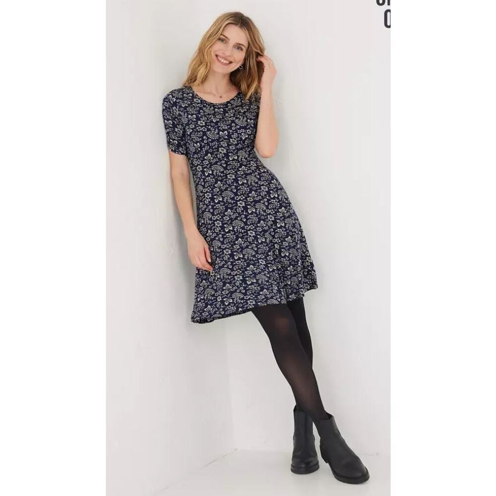 Fat Face Delilah Prairie Jersey Dress in Navy/Cream - Size US 20